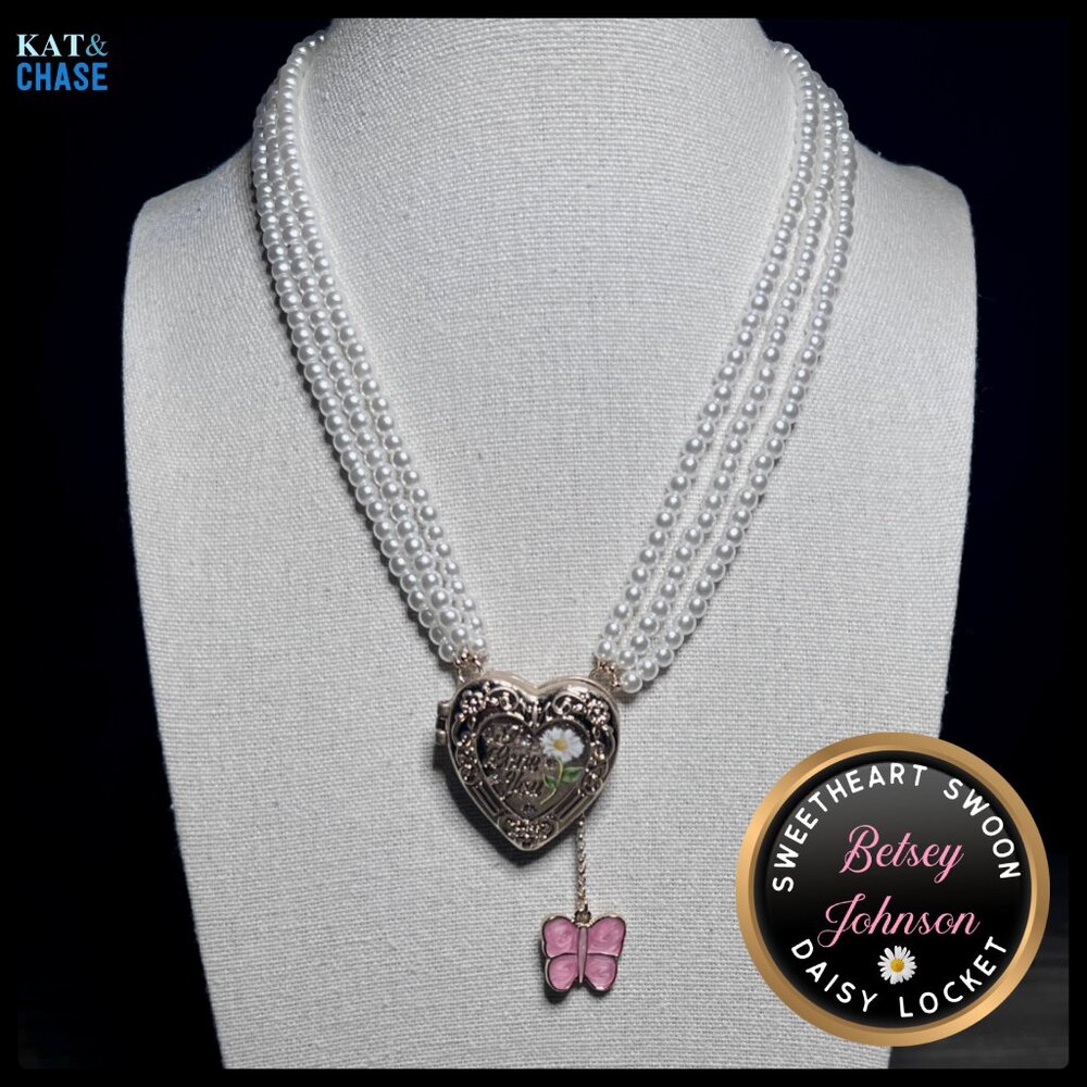 Betsey Johnson Heart Locket I Love You Necklace Sweetheart Swoon Butterfly Pearl